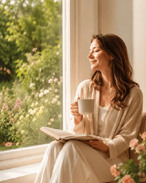 Peaceful mother sipping coffee by a sunlit window