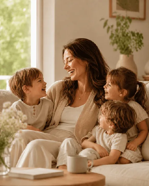 Mother laughing with her children on a sunlit couch