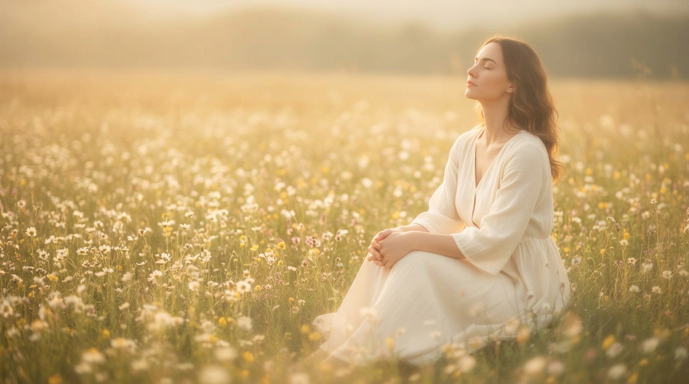A woman standing peacefully in a sunlit wildflower meadow